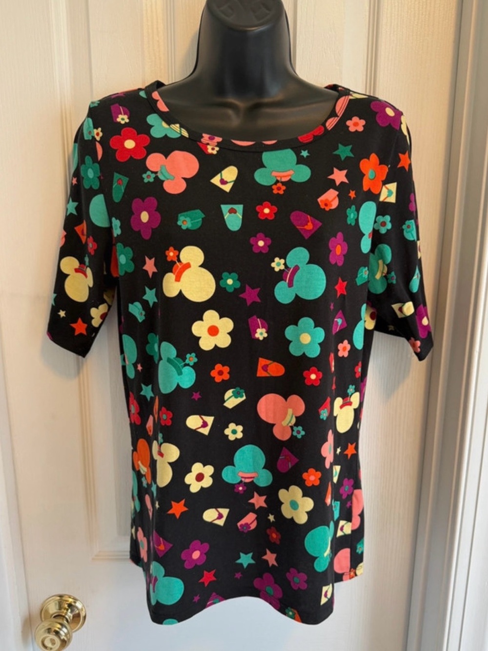 Lularoe Women’s Black Floral & Mickey/Minnie Print Short-Sleeve Top